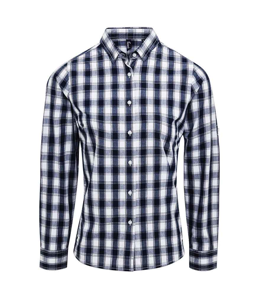Premier Ladies Mulligan Check Long Sleeve Shirt in White Navy by Premier — Custom branded clothing by Print Press, featuring premium embroidery produced in our specialist print lab in the UK.