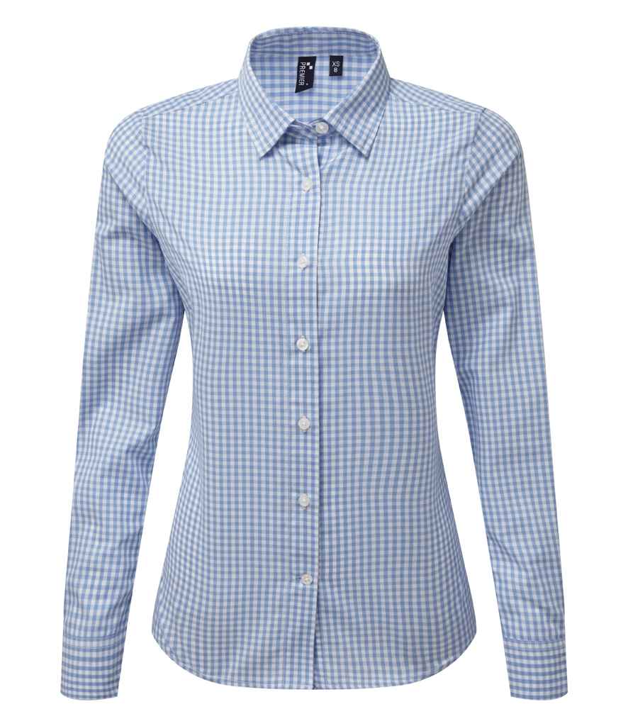 Premier Ladies Maxton Check Long Sleeve Shirt in Light Blue White by Premier — Custom branded clothing by Print Press, featuring premium embroidery produced in our specialist print lab in the UK.