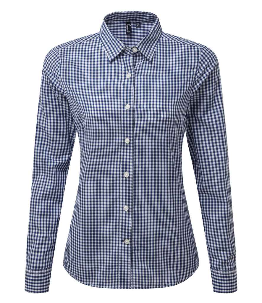 Premier Ladies Maxton Check Long Sleeve Shirt in Navy White by Premier — Custom branded clothing by Print Press, featuring premium embroidery produced in our specialist print lab in the UK.