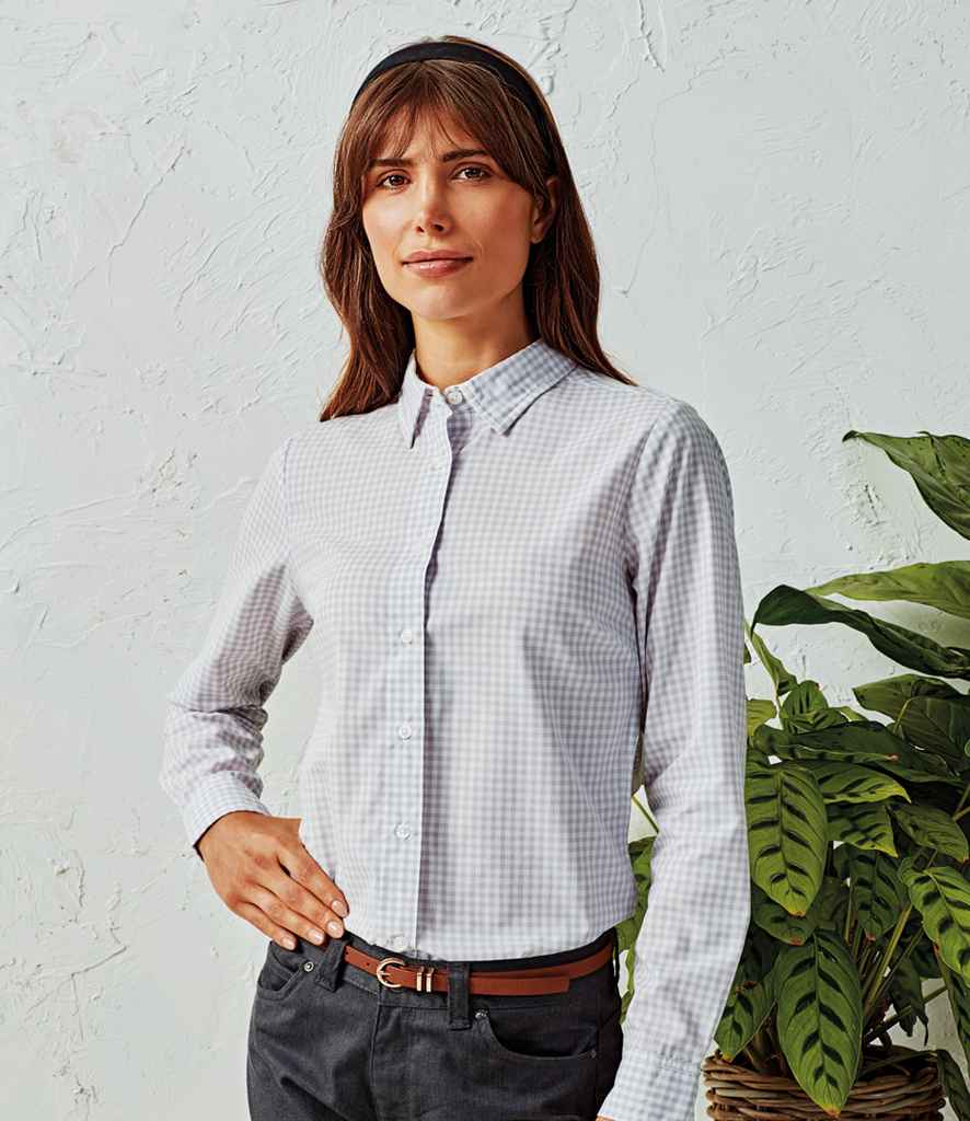 Premier Ladies Maxton Check Long Sleeve Shirt in Silver White by Premier — Custom branded clothing by Print Press, featuring premium embroidery produced in our specialist print lab in the UK.