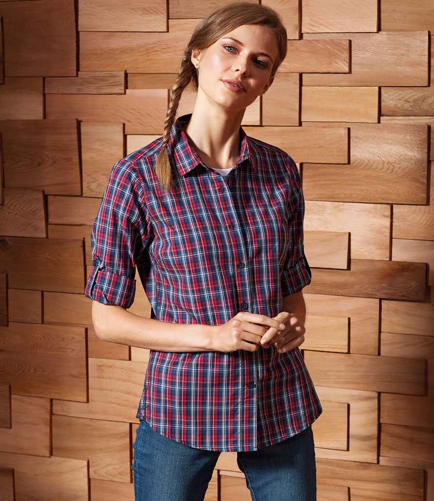 Premier Ladies Sidehill Check Long Sleeve Shirt in Navy Red by Premier — Custom branded clothing by Print Press, featuring premium embroidery produced in our specialist print lab in the UK.