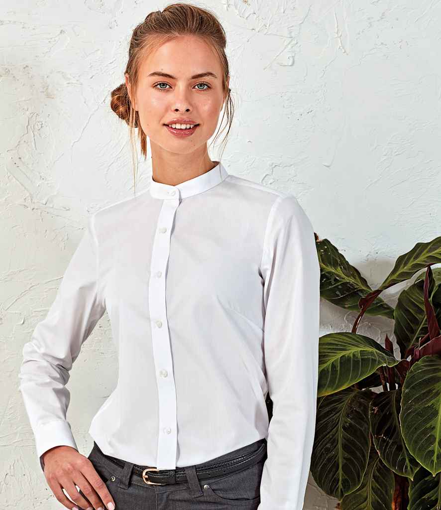 Premier Ladies Banded Collar Grandad Shirt in White by Premier — Custom branded clothing by Print Press, featuring premium embroidery produced in our specialist print lab in the UK.
