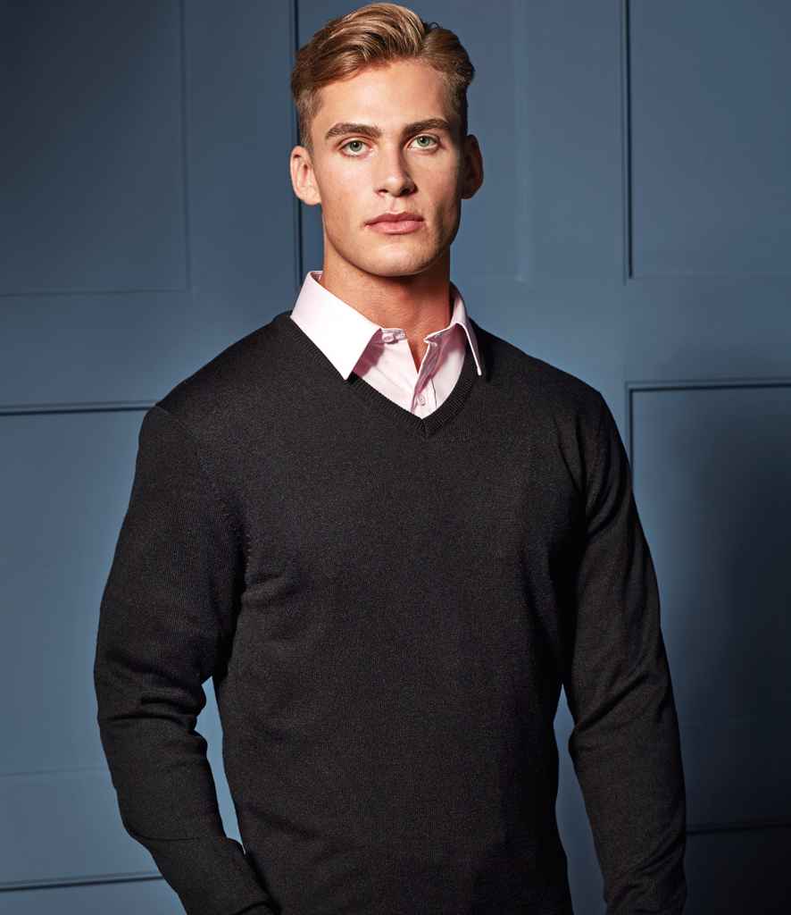 Premier Essential Acrylic V Neck Sweater in Black by Premier — Custom branded clothing by Print Press, featuring premium embroidery produced in our specialist print lab in the UK.
