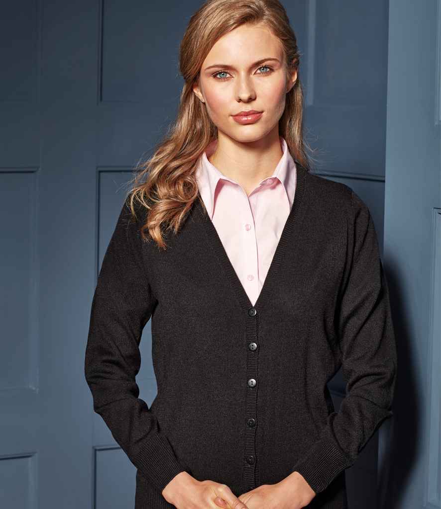 Premier Ladies Essential Acrylic V Neck Cardigan in Black by Premier — Custom branded clothing by Print Press, featuring premium embroidery produced in our specialist print lab in the UK.