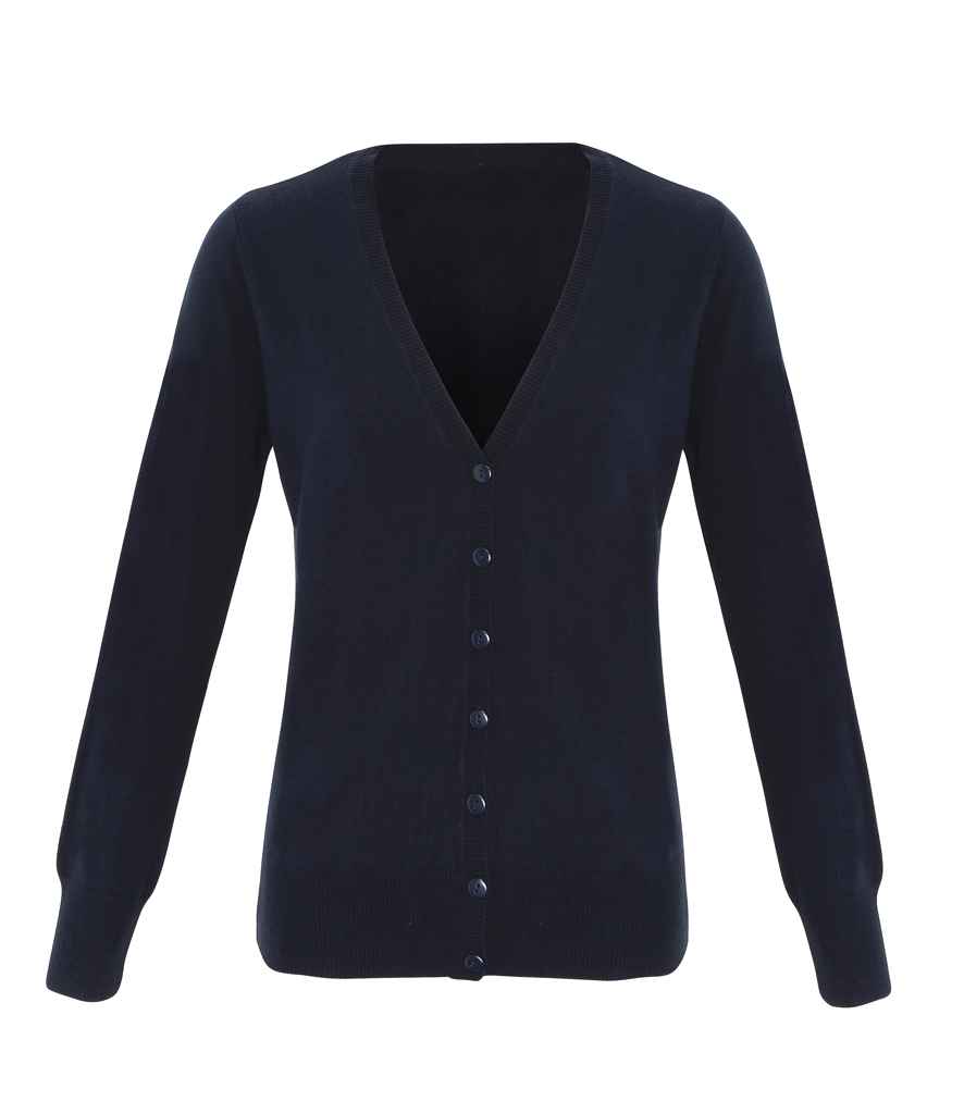 Premier Ladies Essential Acrylic V Neck Cardigan in Navy by Premier — Custom branded clothing by Print Press, featuring premium embroidery produced in our specialist print lab in the UK.
