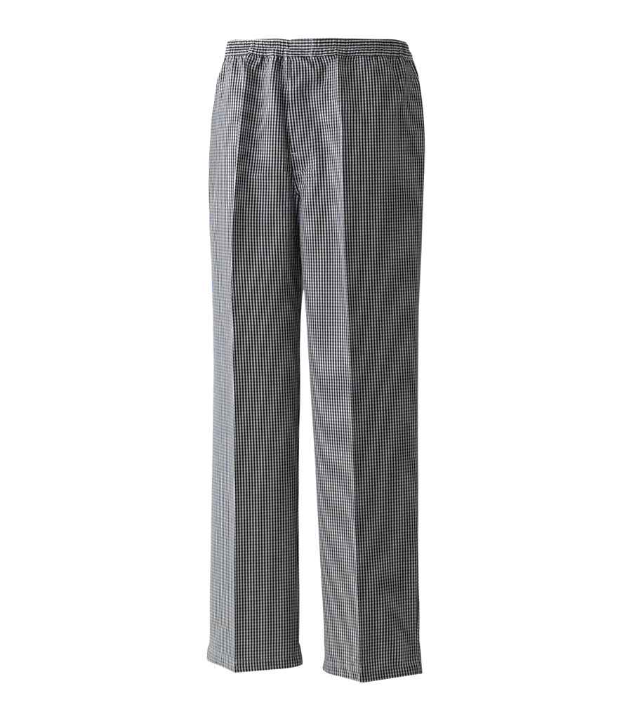 Premier Pull On Chef's Check Trousers in Black White by Premier — Custom branded clothing by Print Press, featuring premium embroidery produced in our specialist print lab in the UK.