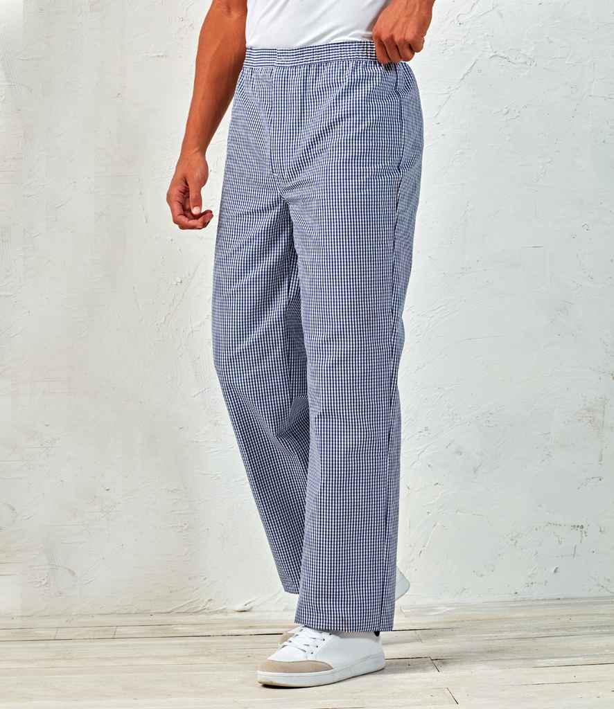 Premier Pull On Chef's Check Trousers in Navy White by Premier — Custom branded clothing by Print Press, featuring premium embroidery produced in our specialist print lab in the UK.