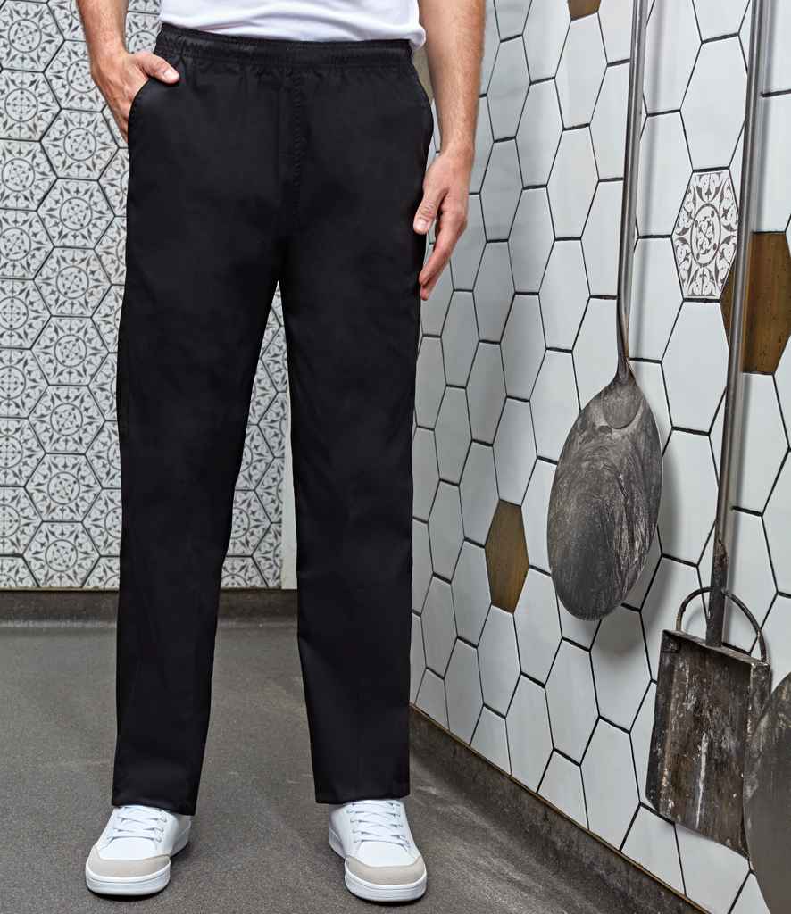 Premier Essential Chef's Trousers in Black by Premier — Custom branded clothing by Print Press, featuring premium embroidery produced in our specialist print lab in the UK.