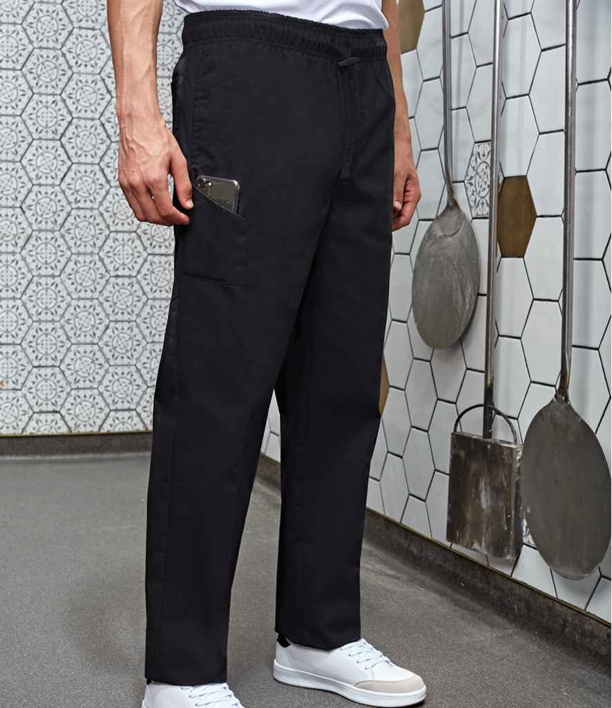 Premier Select Slim Leg Chef's Trousers in Black by Premier — Custom branded clothing by Print Press, featuring premium embroidery produced in our specialist print lab in the UK.