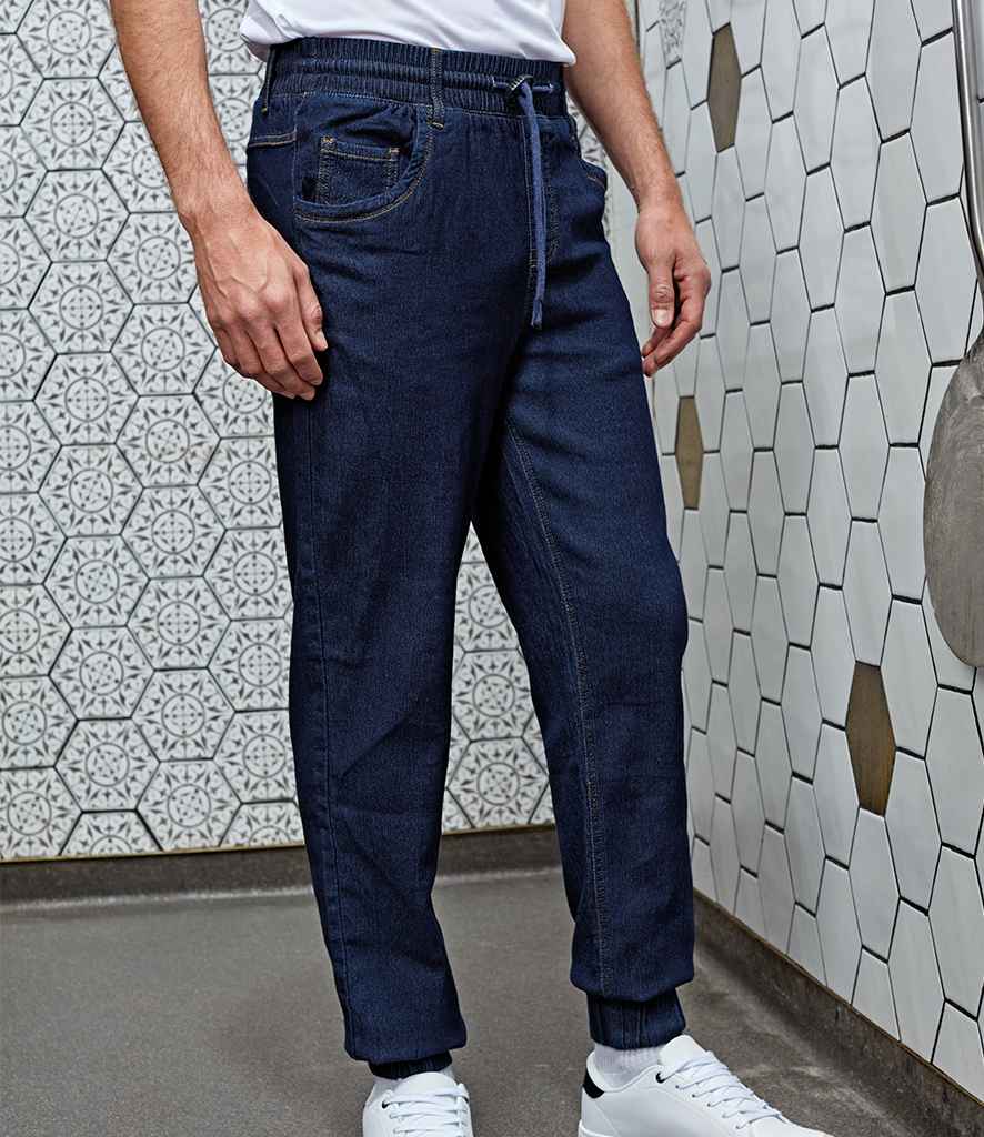 Premier Artisan Chef's Joggers in Indigo Denim by Premier — Custom branded clothing by Print Press, featuring premium embroidery produced in our specialist print lab in the UK.
