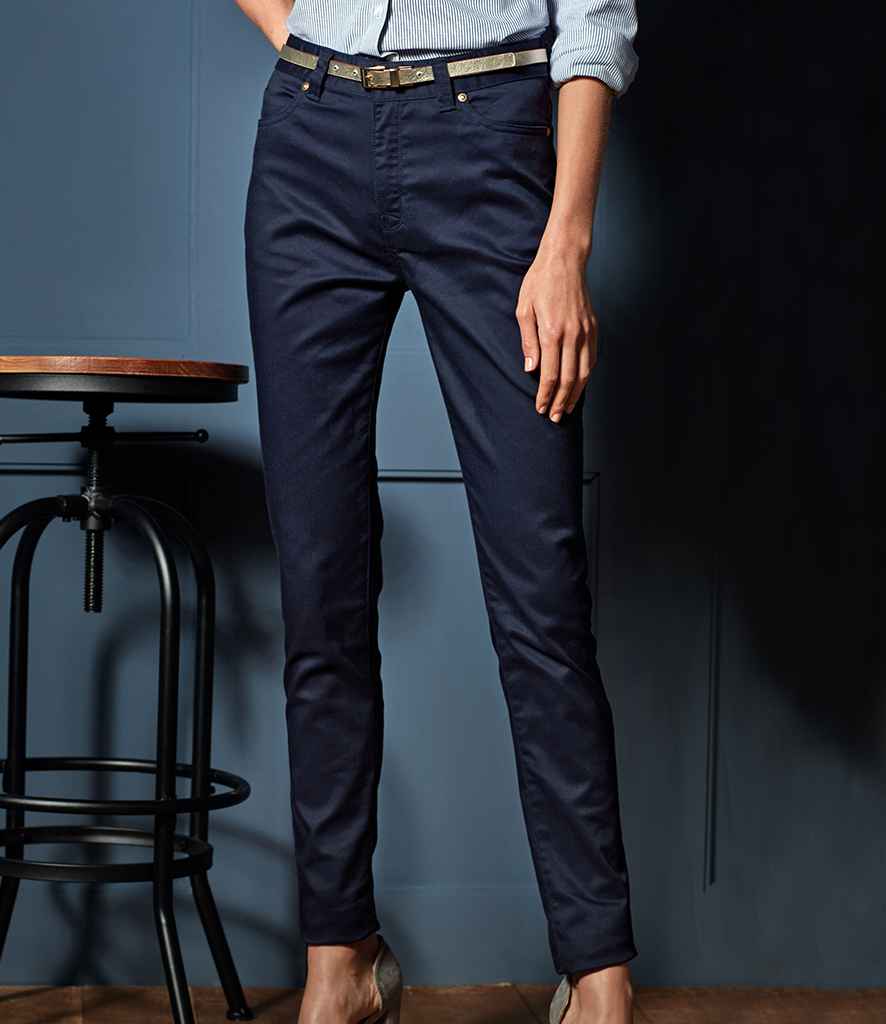 Premier Ladies Performance Chino Jeans in Navy by Premier — Custom branded clothing by Print Press, featuring premium embroidery produced in our specialist print lab in the UK.