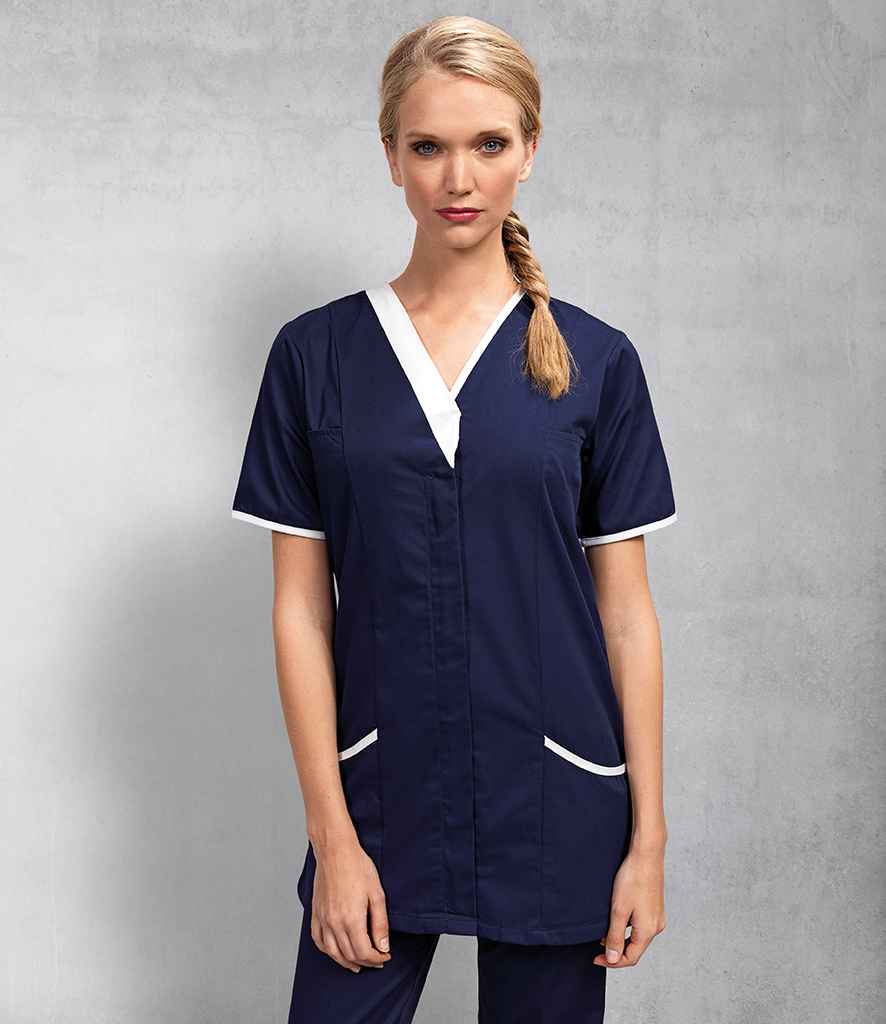 Premier Ladies Daisy Healthcare Tunic in Navy White by Premier — Custom branded clothing by Print Press, featuring premium embroidery produced in our specialist print lab in the UK.