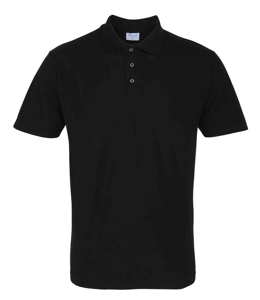 Premier Stud Pique Polo Shirt in Black by Premier — Custom branded clothing by Print Press, featuring premium embroidery produced in our specialist print lab in the UK.