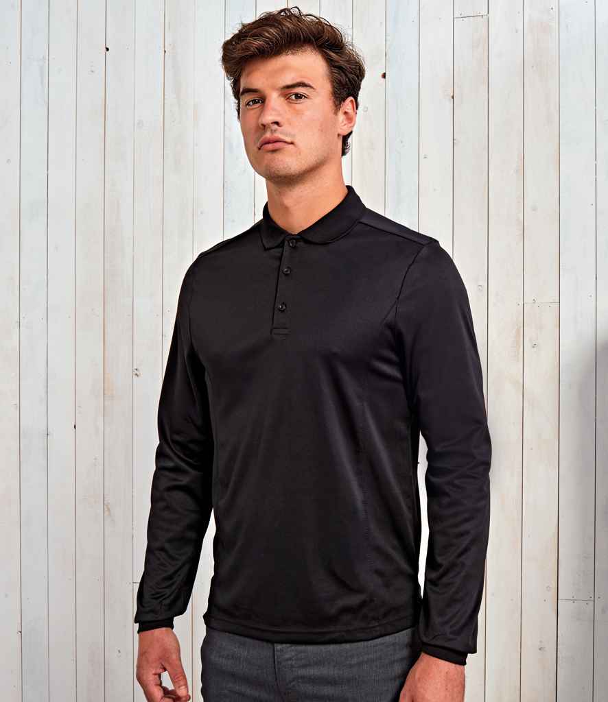 Premier Long Sleeve Coolchecker Pique Polo Shirt in Black by Premier — Custom branded clothing by Print Press, featuring premium embroidery produced in our specialist print lab in the UK.