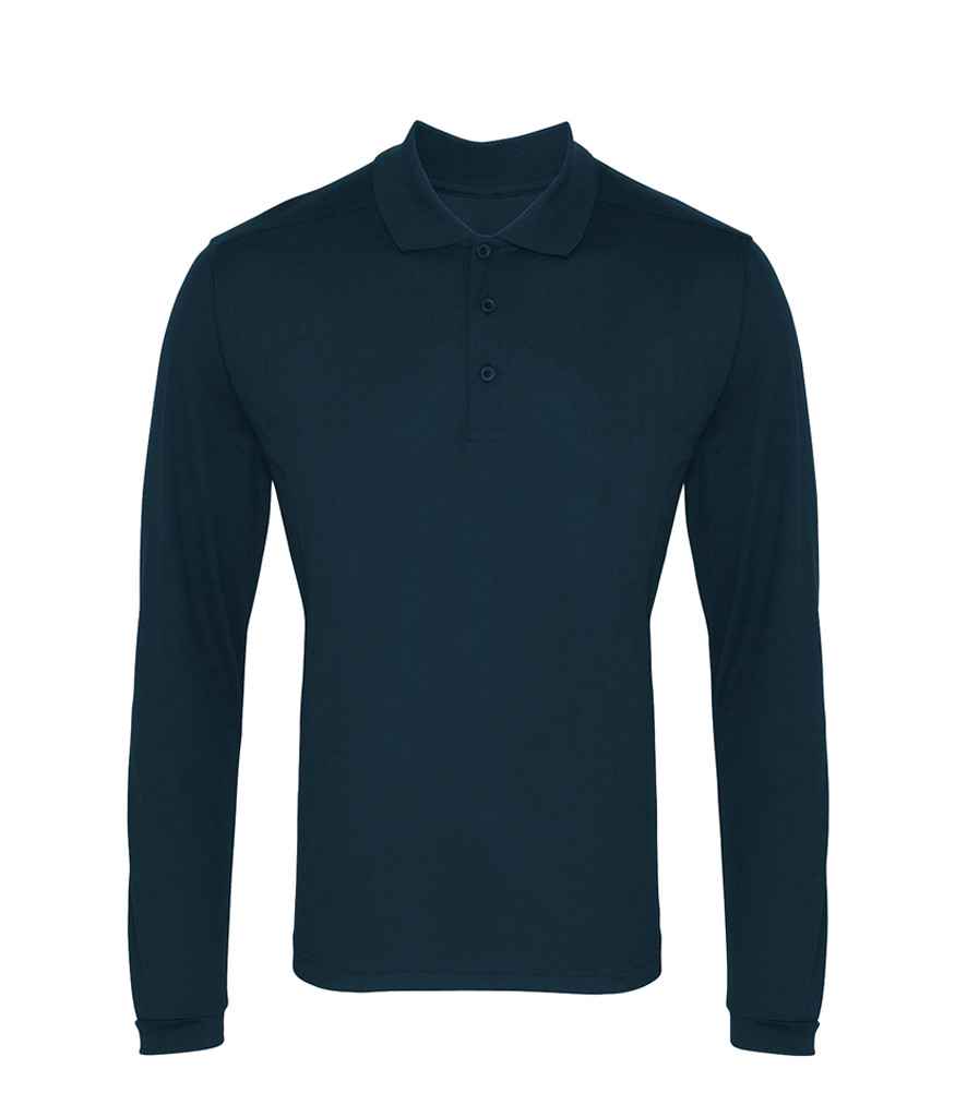 Premier Long Sleeve Coolchecker Pique Polo Shirt in Navy by Premier — Custom branded clothing by Print Press, featuring premium embroidery produced in our specialist print lab in the UK.