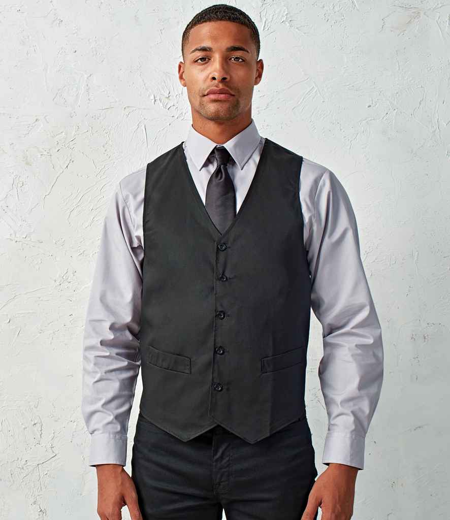 Premier Hospitality Waistcoat in Black by Premier — Custom branded clothing by Print Press, featuring premium embroidery produced in our specialist print lab in the UK.