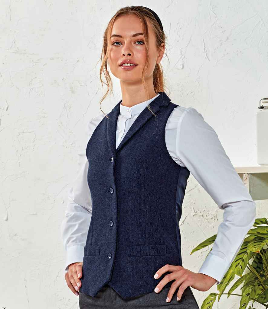 Premier Ladies Herringbone Waistcoat in Navy by Premier — Custom branded clothing by Print Press, featuring premium embroidery produced in our specialist print lab in the UK.