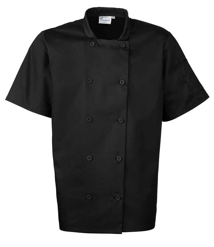 Premier Short Sleeve Chef's Jacket in Black by Premier — Custom branded clothing by Print Press, featuring premium embroidery produced in our specialist print lab in the UK.