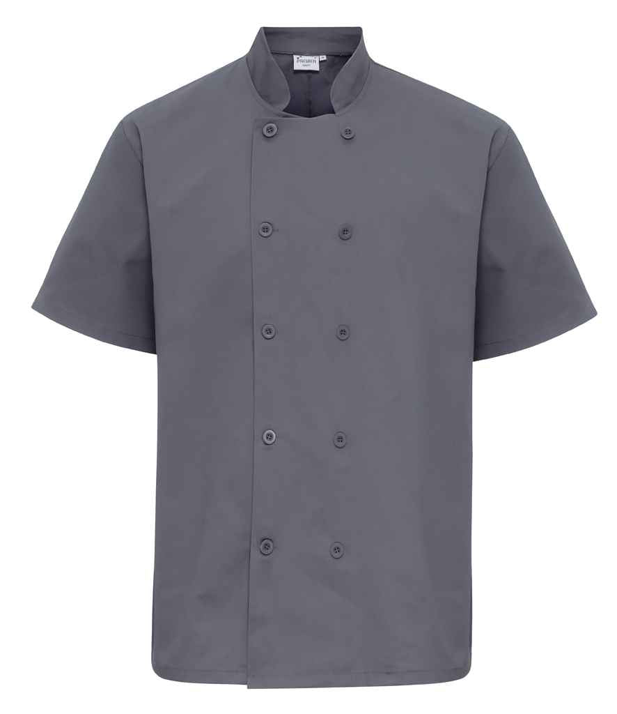 Premier Short Sleeve Chef's Jacket in by Premier — Custom branded clothing by Print Press, featuring premium embroidery produced in our specialist print lab in the UK.