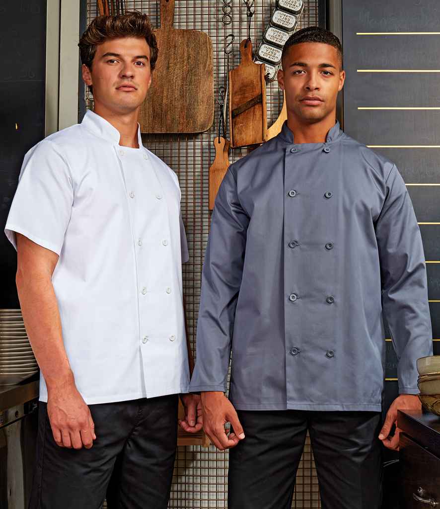 Premier Short Sleeve Chef's Jacket in Steel by Premier — Custom branded clothing by Print Press, featuring premium embroidery produced in our specialist print lab in the UK.