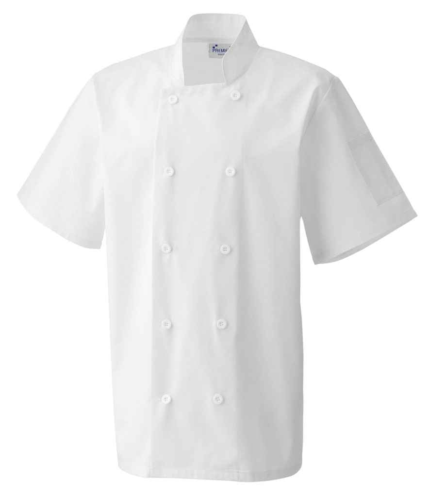 Premier Short Sleeve Chef's Jacket in White by Premier — Custom branded clothing by Print Press, featuring premium embroidery produced in our specialist print lab in the UK.