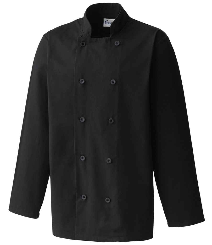 Premier Long Sleeve Chef's Jacket in Black by Premier — Custom branded clothing by Print Press, featuring premium embroidery produced in our specialist print lab in the UK.