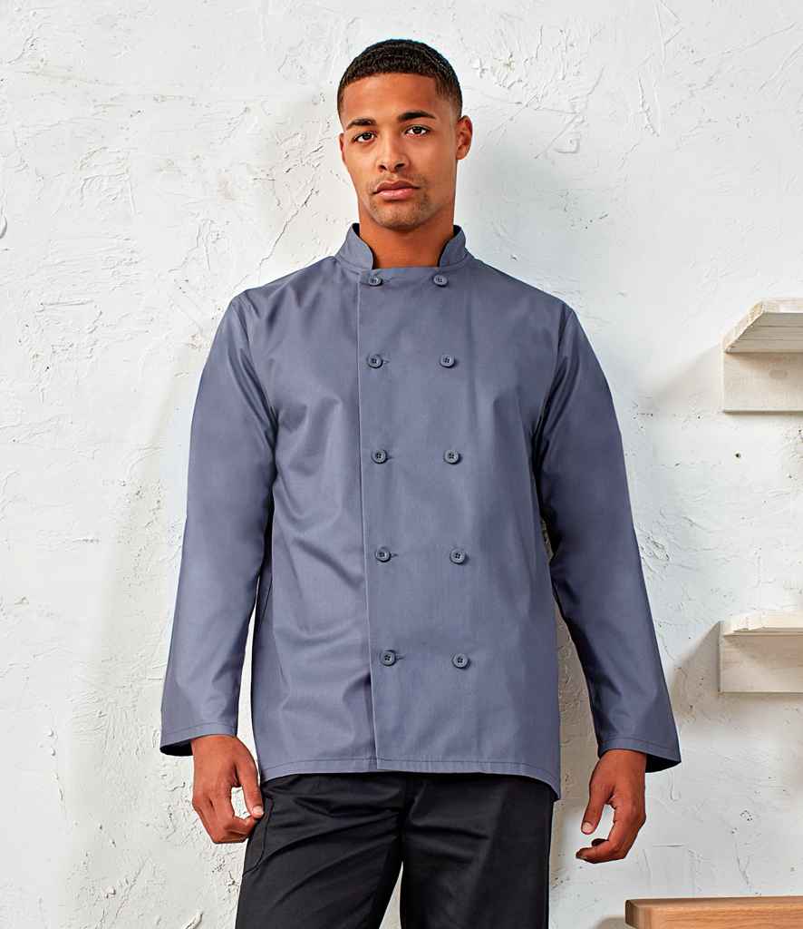 Premier Long Sleeve Chef's Jacket in Steel by Premier — Custom branded clothing by Print Press, featuring premium embroidery produced in our specialist print lab in the UK.