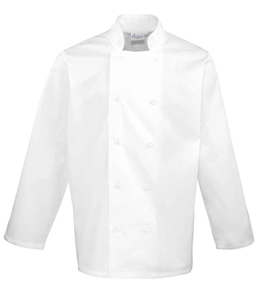 Premier Long Sleeve Chef's Jacket in White by Premier — Custom branded clothing by Print Press, featuring premium embroidery produced in our specialist print lab in the UK.