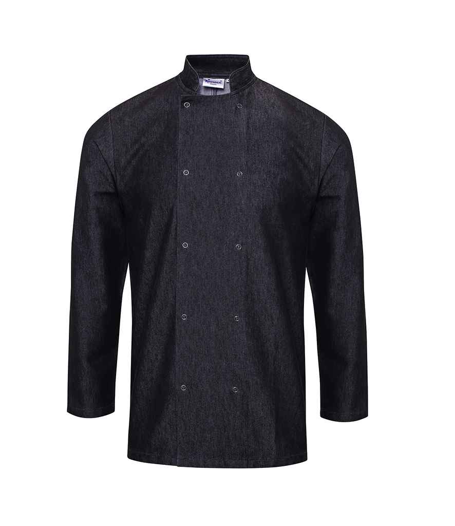 Premier Denim Chef's Jacket in by Premier — Custom branded clothing by Print Press, featuring premium embroidery produced in our specialist print lab in the UK.