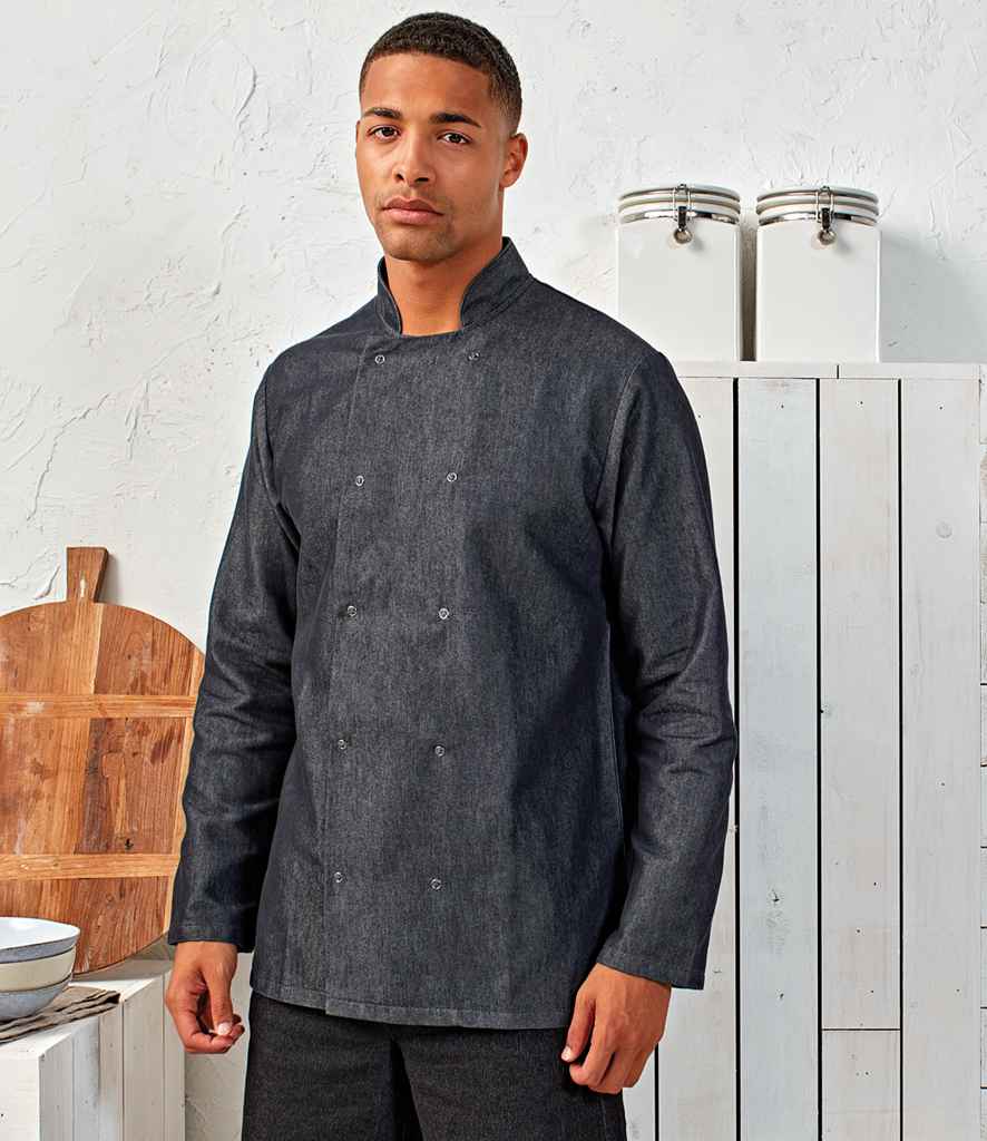 Premier Denim Chef's Jacket in Black Denim by Premier — Custom branded clothing by Print Press, featuring premium embroidery produced in our specialist print lab in the UK.