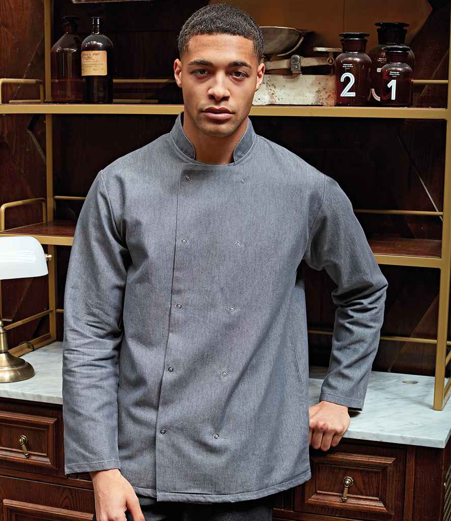 Premier Denim Chef's Jacket in Grey Denim by Premier — Custom branded clothing by Print Press, featuring premium embroidery produced in our specialist print lab in the UK.