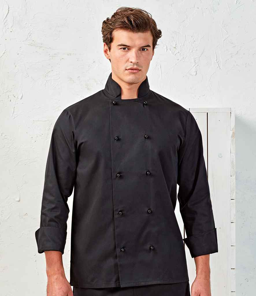 Premier Unisex Cuisine Chef's Jacket in Black by Premier — Custom branded clothing by Print Press, featuring premium embroidery produced in our specialist print lab in the UK.