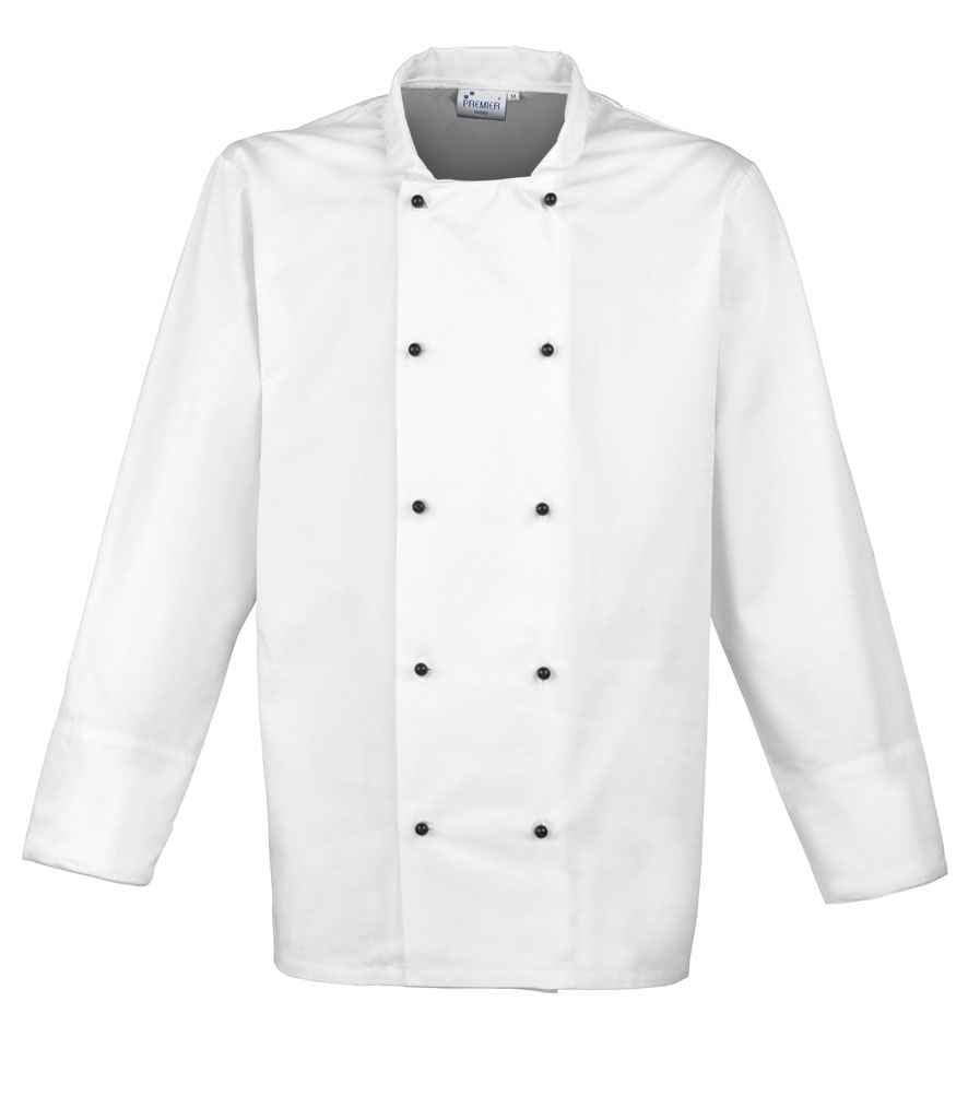 Premier Unisex Cuisine Chef's Jacket in White by Premier — Custom branded clothing by Print Press, featuring premium embroidery produced in our specialist print lab in the UK.