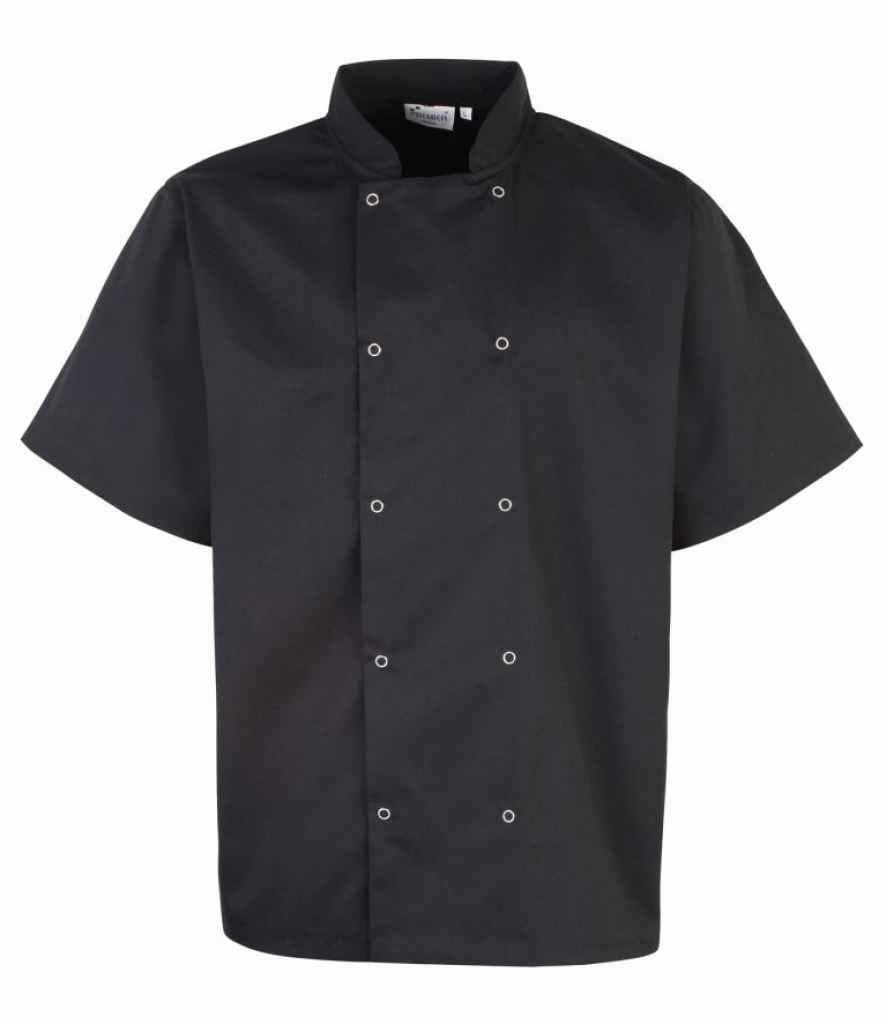 Premier Unisex Short Sleeve Stud Front Chef's Jacket in by Premier — Custom branded clothing by Print Press, featuring premium embroidery produced in our specialist print lab in the UK.