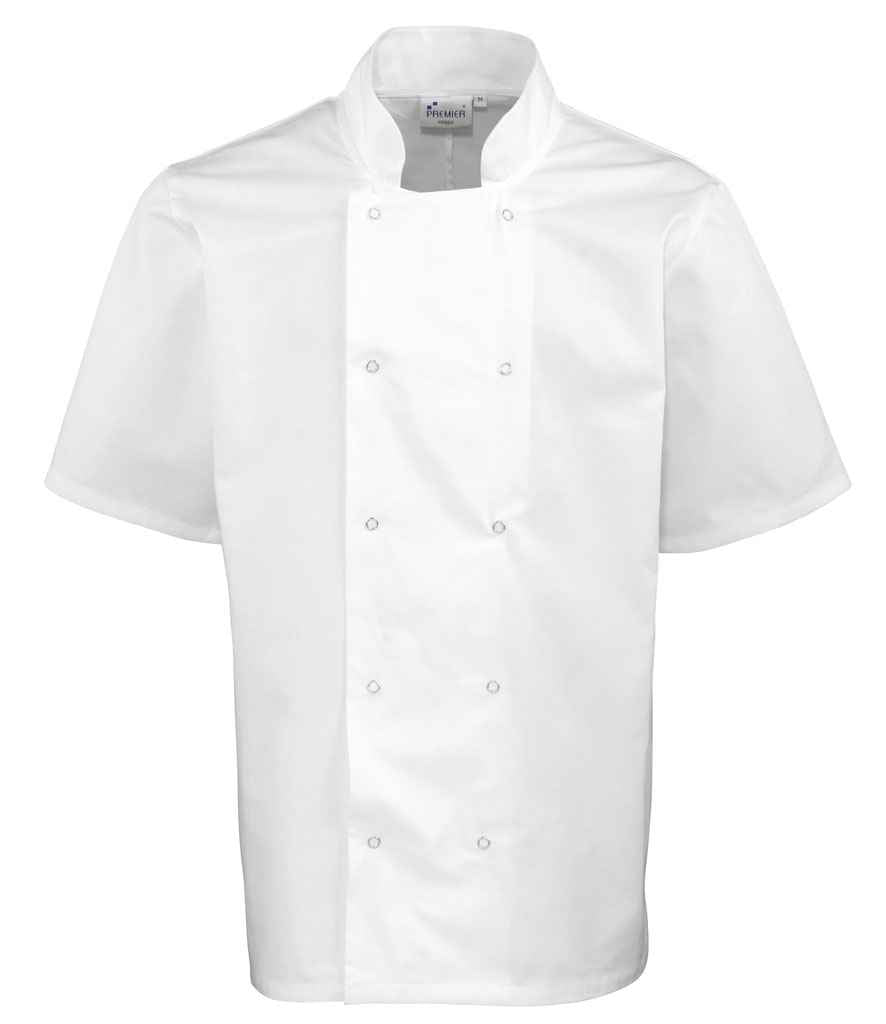 Premier Unisex Short Sleeve Stud Front Chef's Jacket in White by Premier — Custom branded clothing by Print Press, featuring premium embroidery produced in our specialist print lab in the UK.