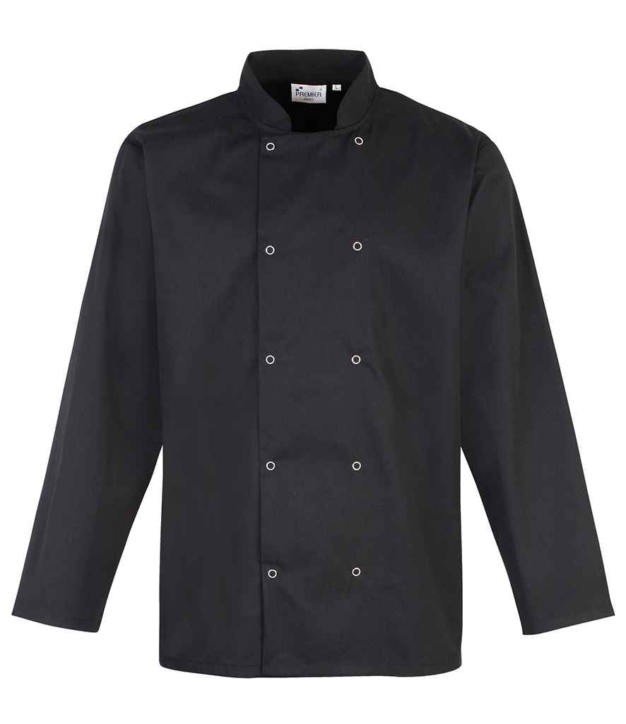 Premier Unisex Long Sleeve Stud Front Chef's Jacket in Black by Premier — Custom branded clothing by Print Press, featuring premium embroidery produced in our specialist print lab in the UK.