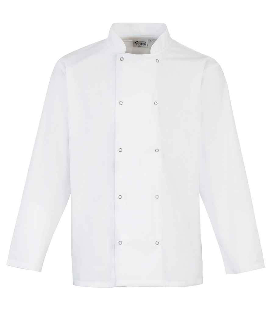 Premier Unisex Long Sleeve Stud Front Chef's Jacket in by Premier — Custom branded clothing by Print Press, featuring premium embroidery produced in our specialist print lab in the UK.