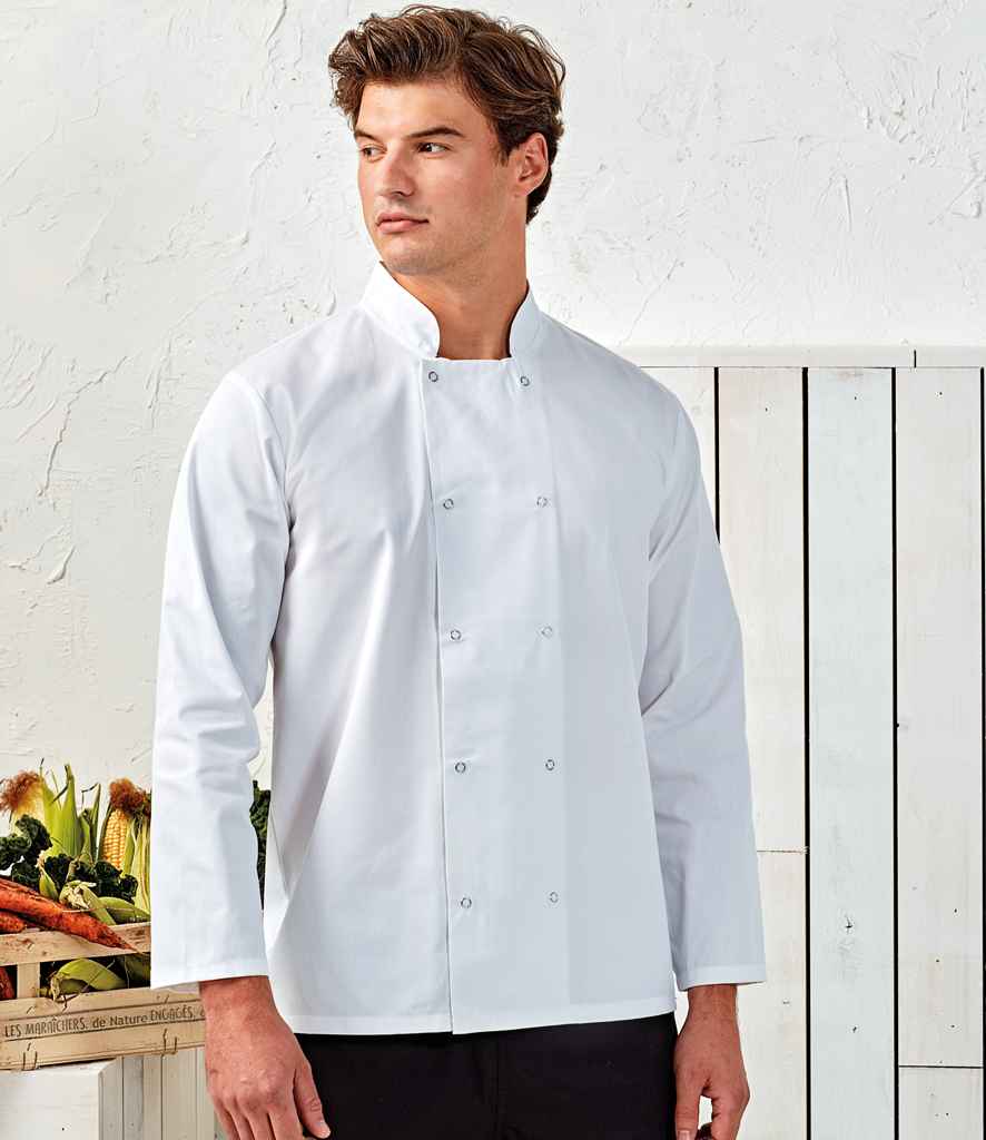 Premier Unisex Long Sleeve Stud Front Chef's Jacket in White by Premier — Custom branded clothing by Print Press, featuring premium embroidery produced in our specialist print lab in the UK.