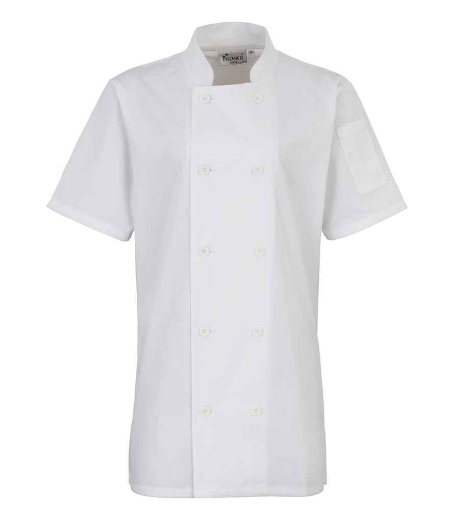 Premier Ladies Short Sleeve Chef's Jacket in by Premier — Custom branded clothing by Print Press, featuring premium embroidery produced in our specialist print lab in the UK.