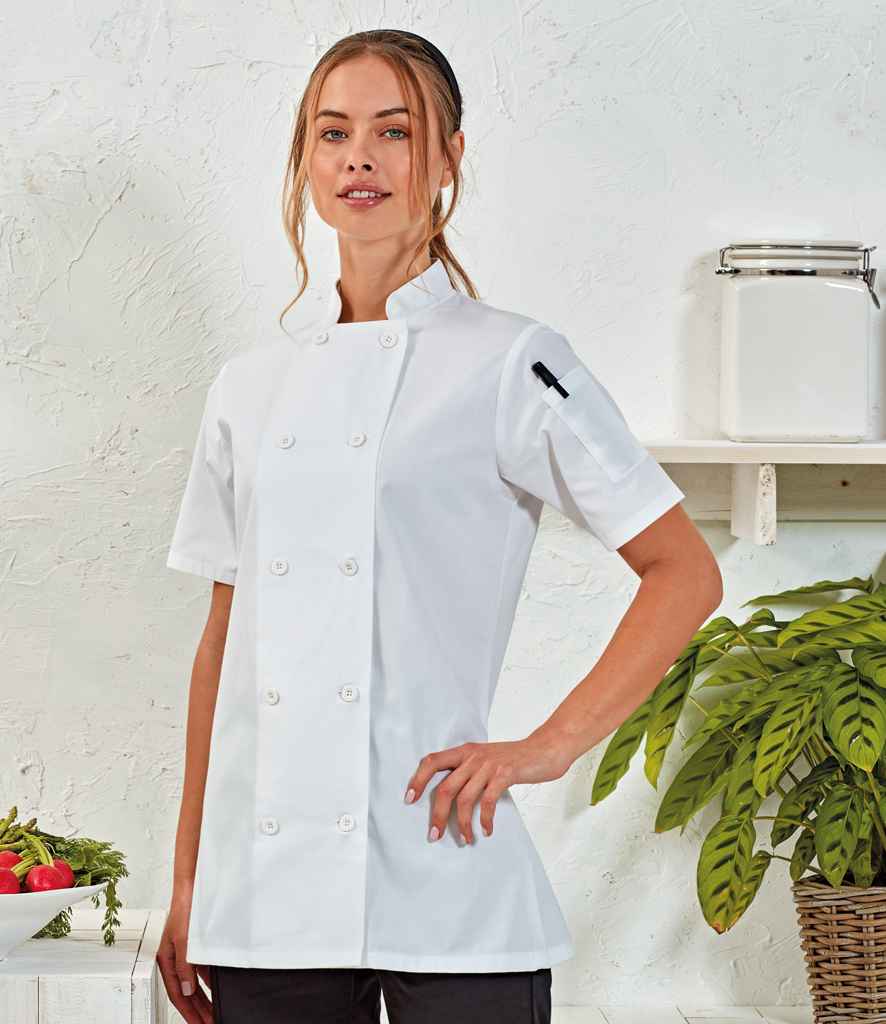 Premier Ladies Short Sleeve Chef's Jacket in White by Premier — Custom branded clothing by Print Press, featuring premium embroidery produced in our specialist print lab in the UK.