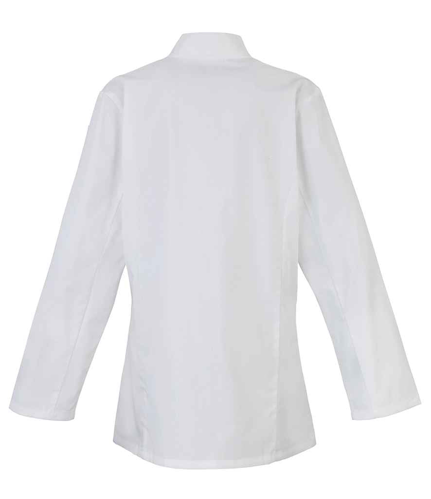 Premier Ladies Long Sleeve Chef's Jacket in by Premier — Custom branded clothing by Print Press, featuring premium embroidery produced in our specialist print lab in the UK.