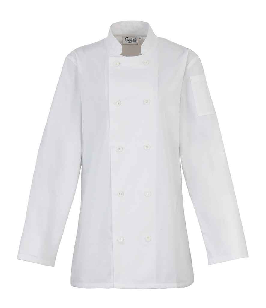 Premier Ladies Long Sleeve Chef's Jacket in by Premier — Custom branded clothing by Print Press, featuring premium embroidery produced in our specialist print lab in the UK.
