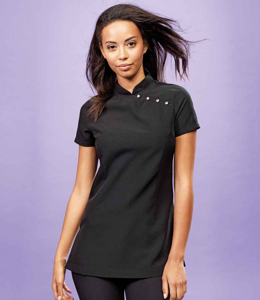 Premier Ladies Mika Short Sleeve Tunic in Black by Premier — Custom branded clothing by Print Press, featuring premium embroidery produced in our specialist print lab in the UK.