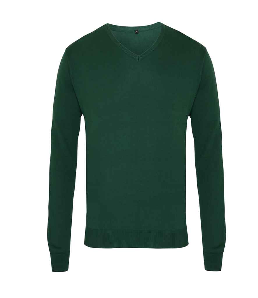 Premier Knitted Cotton Acrylic V Neck Sweater in Bottle Green by Premier — Custom branded clothing by Print Press, featuring premium embroidery produced in our specialist print lab in the UK.