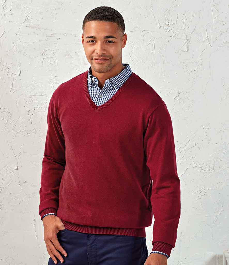 Premier Knitted Cotton Acrylic V Neck Sweater in Burgundy by Premier — Custom branded clothing by Print Press, featuring premium embroidery produced in our specialist print lab in the UK.
