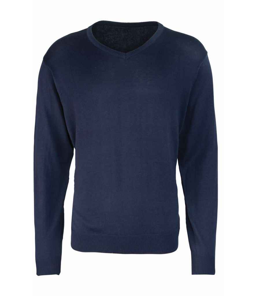Premier Knitted Cotton Acrylic V Neck Sweater in Navy by Premier — Custom branded clothing by Print Press, featuring premium embroidery produced in our specialist print lab in the UK.