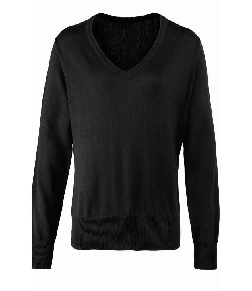 Premier Ladies Knitted Cotton Acrylic V Neck Sweater in Black by Premier — Custom branded clothing by Print Press, featuring premium embroidery produced in our specialist print lab in the UK.