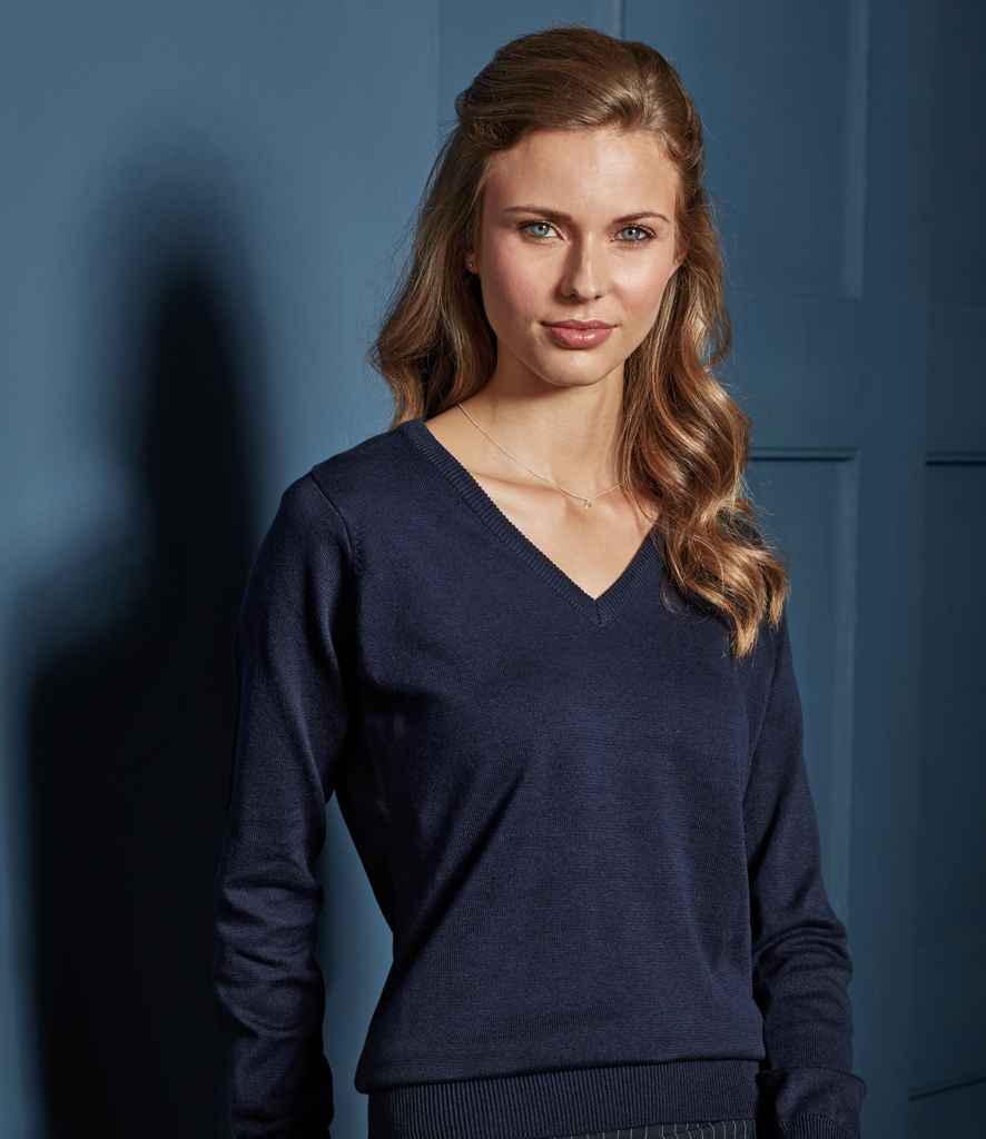 Premier Ladies Knitted Cotton Acrylic V Neck Sweater in Navy by Premier — Custom branded clothing by Print Press, featuring premium embroidery produced in our specialist print lab in the UK.