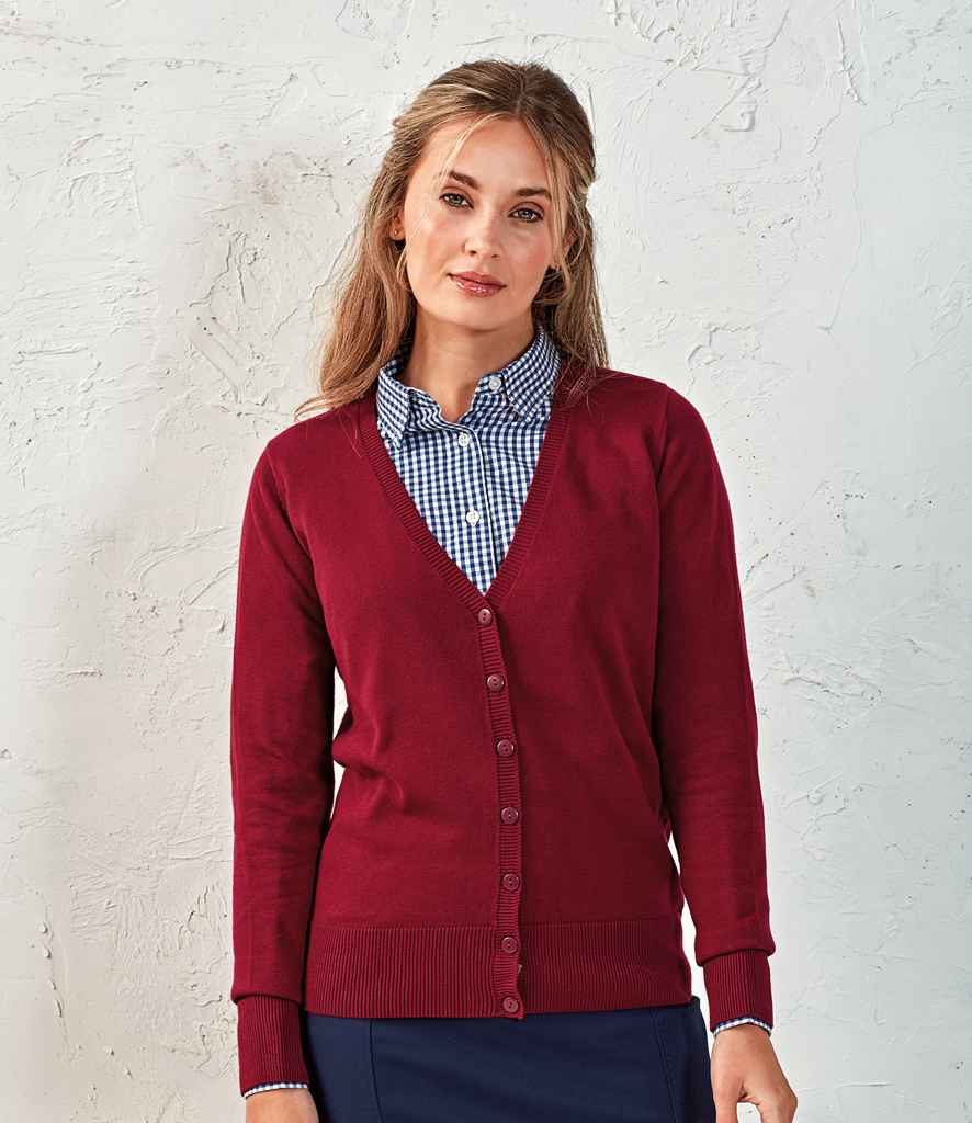Premier Ladies Cotton Acrylic V Neck Cardigan in Burgundy by Premier — Custom branded clothing by Print Press, featuring premium embroidery produced in our specialist print lab in the UK.