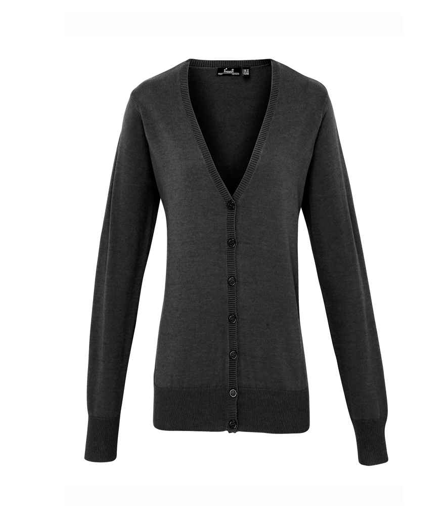 Premier Ladies Cotton Acrylic V Neck Cardigan in Charcoal by Premier — Custom branded clothing by Print Press, featuring premium embroidery produced in our specialist print lab in the UK.